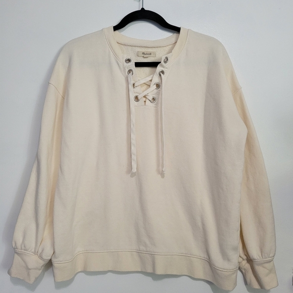 Madewell Cotton- Hemp Lace-up Sweatshirt in Antique Cream Size Medium - Picture 2 of 10